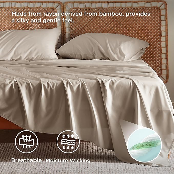 Bedsure Full Size Bed Sheets, Cooling Sheets, Rayon Derived from Bamboo, Breathable & Soft, Deep Pocket Up to 16 Inches, Hotel Luxury Silky Bedding for Hot Sleepers, Simply Taupe