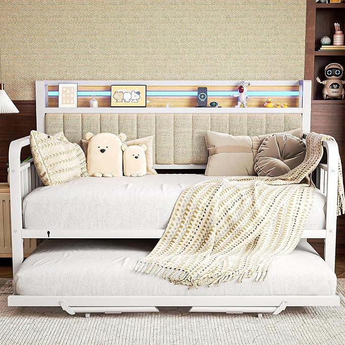 Daybed with Trundle and LED Light, Heavy Duty Metal Twin Bed Frame with Upholstered Storage Headboard & Charging Station, Day Bed Pop Up Trundle Bed Twin for Living Room,Bedroom and Guest Room, White