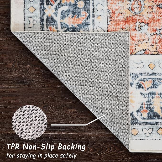 vivorug 9x12 Area Rugs for Living Room, Non Slip Machine Washable Vintage Rug, Ultra-Thin Lightweight Large Area Rug for Bedroom, Dining Room, Low Pile Rug Orange/Navy