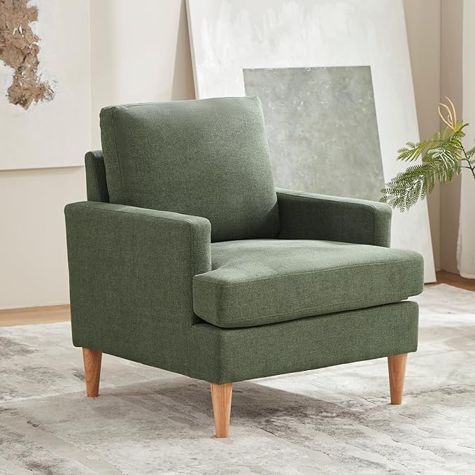 VKNOW Mid-Century Accent Chair, No Tools Assembly Required, Modern Upholstered Polyester Armchair for Living Room,Comfy Reading Accent Chairs with Wood Legs for Bedroom, Green
