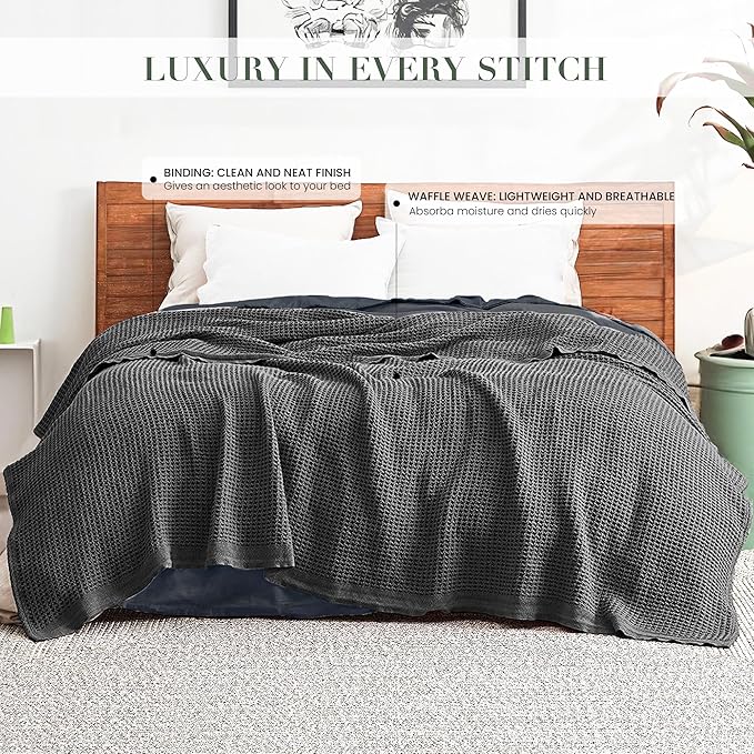 Salt Earth Organic Cotton Throw Blanket, Queen, 90"X92" Waffle Throws for Home, Bedrooms, Outdoor & Office Couch, Modern Room Decor Blankets, Lightweight, All Season Western Blanket (Charcoal Grey)