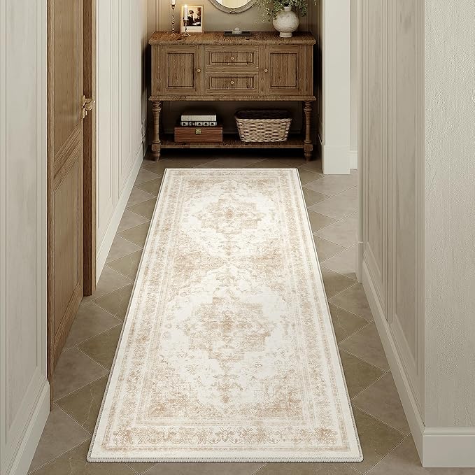 Runner Rug 2x6 Cream Hallway Washable Beige Carpet Non Slip Vintage Medallion Beige Carpet Low Pile Soft Distressed Retro Indoor Long Rug for Entryway Kitchen Bathroom Laundry Bedroom