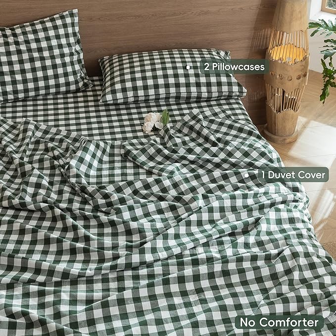 MooMee Gingham Duvet Cover Set 100% Washed Cotton Linen Like Textured Breathable Durable Soft Comfy Modern Checkered Design (Buffalo Plaid Forest Green, King 104"x90")