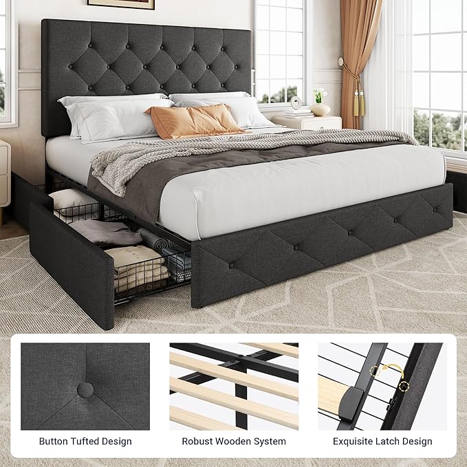 Allewie Upholstered Queen Size Platform Bed Frame with 4 Storage Drawers and Headboard, Diamond Stitched Button Tufted, Mattress Foundation with Wooden Slats Support, No Box Spring Needed, Dark Grey