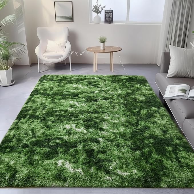 PAGISOFE Fluffy Dark Green Rugs for Living Room 5x8, Modern Abstract Bedside Carpets, Plush Rug High Pile Emerald Green Rugs for Kids Boys Girls Teen Dorm Nursery Room Decor Aesthetic, No-Shedding