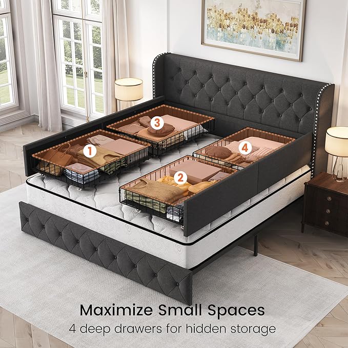 LARMACE King Size Platform Bed Frame with 4 Storage Drawers and Tufted Headboard Linen Upholstered Bed Wingback Bed Frame with Wooden Slats Support, Easy Assembly, Dark Grey