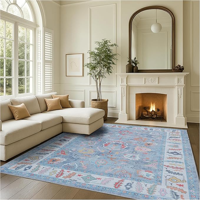 Fame Rugs Blue Modern Oushak Rug 9x12, Vintage Turkish Colorful Oriental Washable Antique Inspired Oversize Area Rugs, Luxury Living Room Bedroom (381LB, 9' x 12)