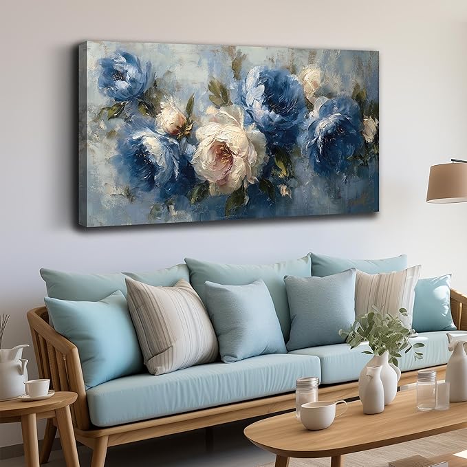 JuhaiArt Flower Wall Art for Living Room Bedroom Home Office White Wall Decor Floral Wall Picture Blue Prints Peony Artwork Art 24" x 48"