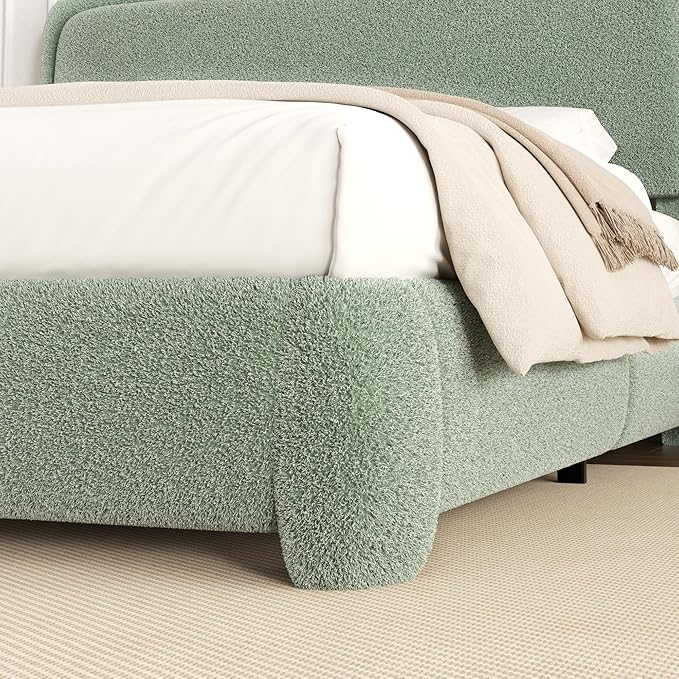 Full Size Platform Bed Frame with Headboard, Boucle Upholstered Desige, Anti-Collision Corners, Soft Rounded Corners, No Box Spring Required, Easy Assembly, Noise Free