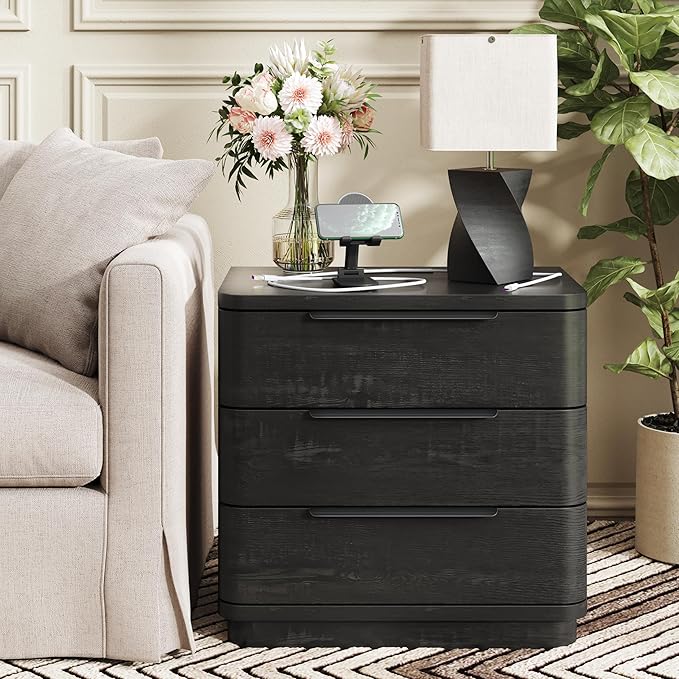 Black Nightstands Set of 2, Bedside Table with 3 Storage Drawers, 24" Tall Wood Night Stand with Charging Station, Modern Wide End Table Side Table W/Metal Handle Curved Profile for Bedroom