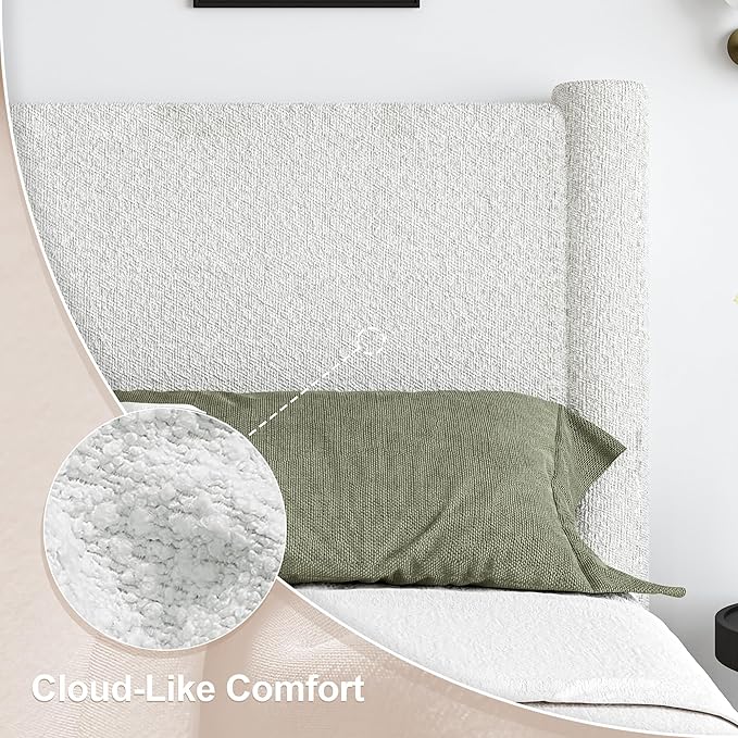 King Size Bed Frame, Boucle Upholstered Platform Bed with Headboard and Footboard, Soft Rounded Corners, No Box Spring Required, Easy Assembly, White