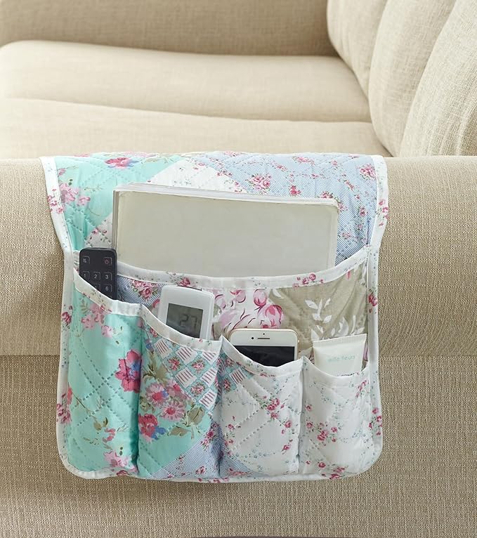 Brilliant Sunshine Blue and Green Rose Patchwork Couch Armrest 5 Pockets Organizer, Slip Resistant Armchair Caddy, Washable Remote Controls Holder, Storage for Magazine, Tablet, Phone, Blue Green