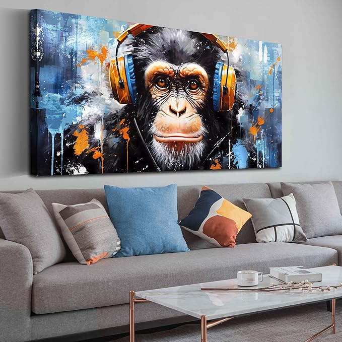 ENTANUB Monkey Wall Art for Living Room, Animal Canvas Print Painting for Bedroom, Blue Picture Decor, Size 59 x 29 Inches