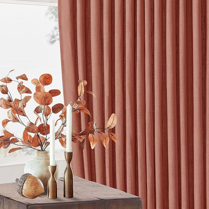 Terracotta 90 Inch Linen Curtains Pinch Pleated for Living Room Bedroom Dining Boho Light Filtering Pinch Pleat Drapes Hooks Rings Back Tab Semi Sheer Red Clay Autumn Fall Window Curtains 2 Panels