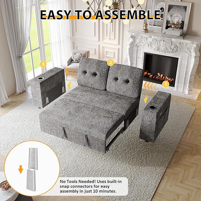 63 Inch Sleeper Sofa Bed, 4 in 1 Pull Out Couch Bed with Adjustable Backrest, Small Loveseat with Wide Armrest | USB Charging | Side Pockets | Cup Holders | Tool Free Assembly, Grey Chenille