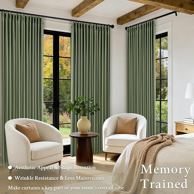Pleated Blackout Olive Green Curtains 96 Inches Long 2 Panels Set for Bedroom Living Room Darkening Linen Blend Back Tab Pinch Pleat Memory Shape with Liner Soundproof 96 Inch Window Curtains