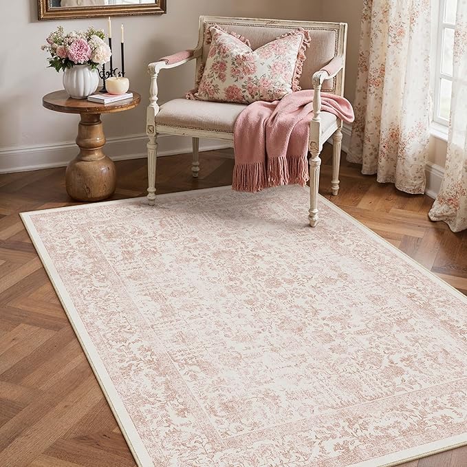 Pink Area Rug 4x5 Office Entryway Rug Machine Washable Kitchen Vintage Distressed Non Slip Carpet Indoor Retro Floral Accent Throw Door Mat for Bathroom Bedroom Dining Living Room