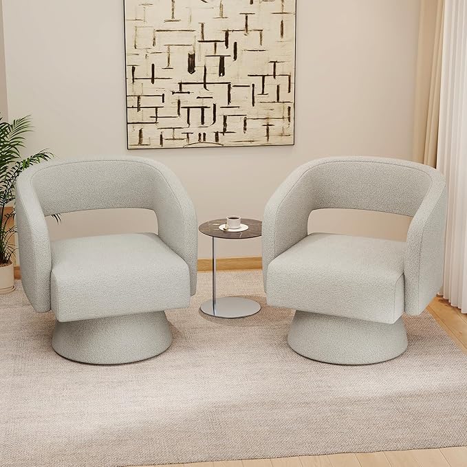 Swivel Accent Chair Set of 4, Modern Comfy Teddy Barrel Chairs, Oversized Upholstered Round Arm Chair for Living Room, Bedroom, Reading Room, White