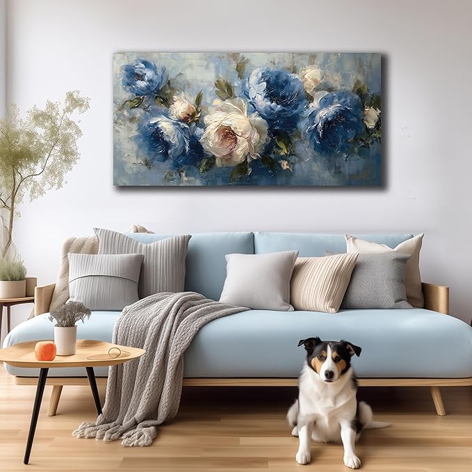 JuhaiArt Flower Wall Art for Living Room Bedroom Home Office White Wall Decor Floral Wall Picture Blue Prints Peony Artwork Art 24" x 48"
