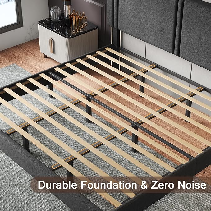 Upholstered King Size Bed Frame with Linen Fabric Headboard, Strong Wooden Slats Support, Noise Free, No Box Spring Needed, Dark Grey