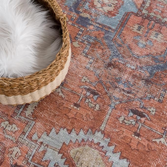 Bloom Rugs Washable 8' x 10' Rug - Terracotta/Blue Traditional Area Rug for Living Room, Bedroom, Dining Room, and Kitchen - Exact Size: 8' x 10'