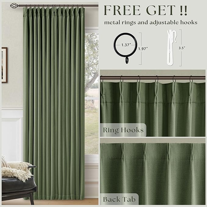 Pleated Blackout Olive Green Curtains 96 Inches Long 2 Panels Set for Bedroom Living Room Darkening Linen Blend Back Tab Pinch Pleat Memory Shape with Liner Soundproof 96 Inch Window Curtains