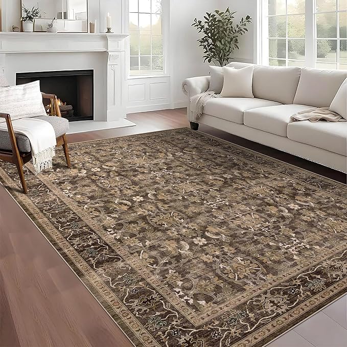 5x7 Area Rugs - Ultra-Thin Washable Rug with Non-Slip Backing, Ideal for Living Room, Bedroom, Dining Room Indoor - Vintage Floral, Easy Clean, Durable, Low Pile Rug Black