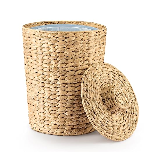 2 Gallons Wicker Waste Basket - Water Hyacinth Bathroom Garbage Can with a Lid - Bathroom Trash Can Boho Style - Wicker Trash Can with Lid for Household, Kitchen - Removable Liner, Iron Frame