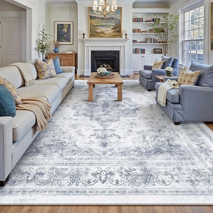 Washable Rug 9x12 Area Rug for Living Room Blue Vintage Boho Medallion Large Distressed Retro Carpet Non Slip Indoor Low Pile Small Soft Bedroom Dining Room Home Office
