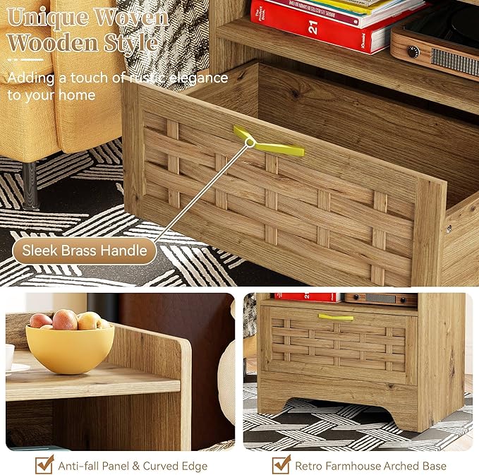 24" Rattan Nightstand Set of 2, Oak Bedside Table with Semi Open Cubby, Boho Night Stand with Farmhouse Arched Base for Bedroom, Side Table, End Table for Dorm