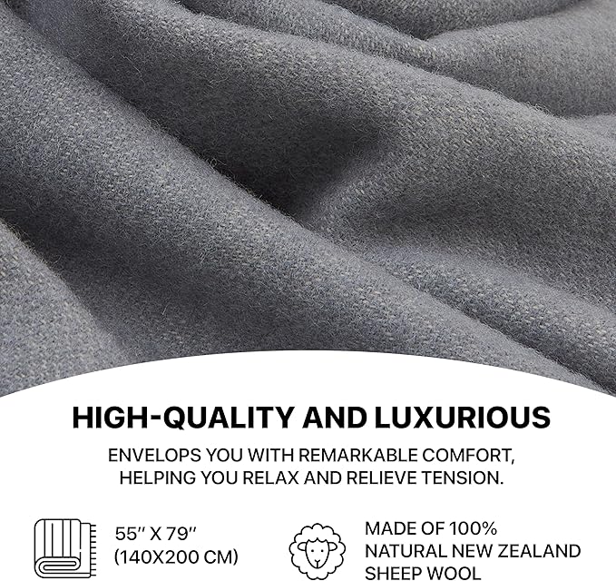 | Wool Blanket/Throw | 100% New Zealand Wool | Perfect for Home and Outdoors | Virgin Wool Throw with Fringes 55"x79"(140 x 200 cm)