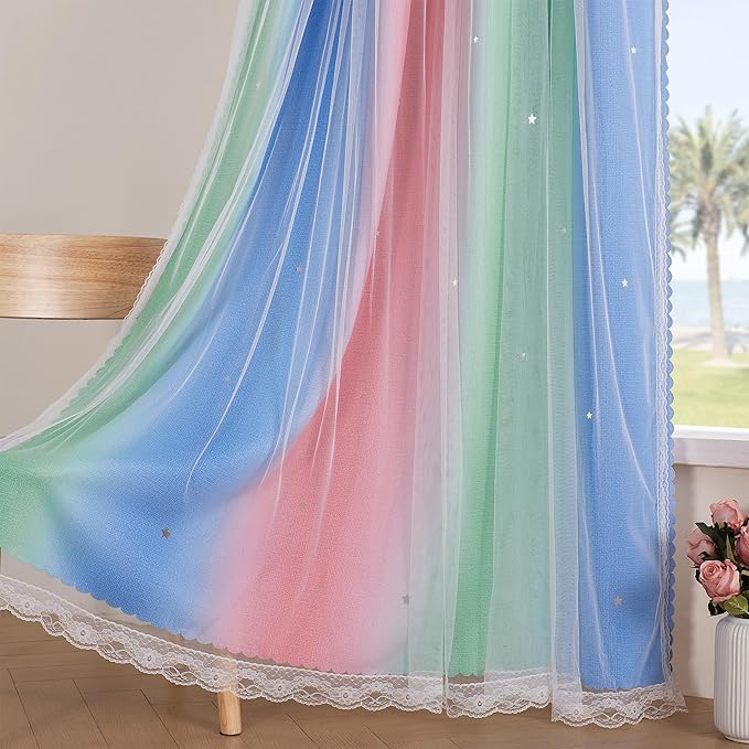 XiDi Curtains for Bedroom Decor, Rainbow Pink GreenBlue34/45/1