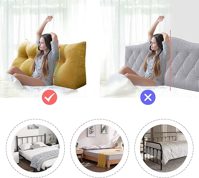 homecozy Wedge Headboard Pillow Dorm Room Reading Pillow Back Support for Sitting Up in Bed Bolster Lumbar Cushion Body Positioning Bedrest Gifts for Mom Cotton Linen 76in Yellow King