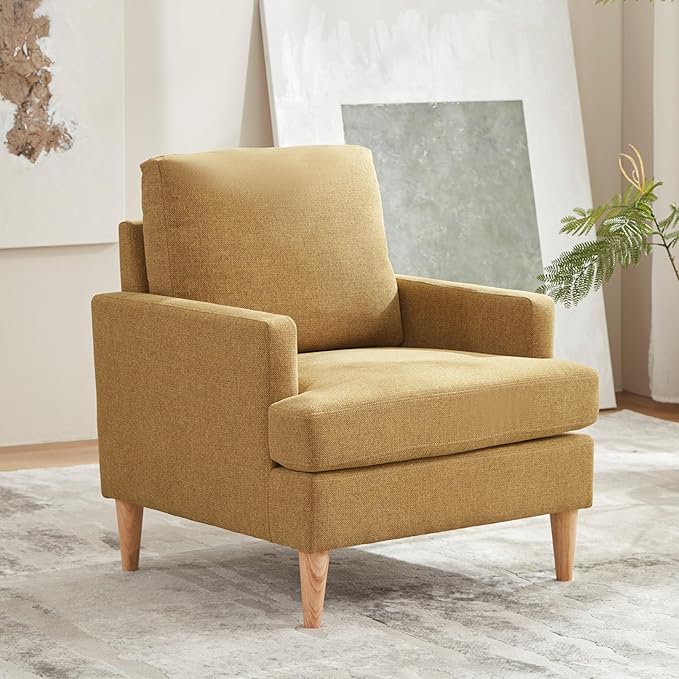 VKNOW Mid-Century Accent Chairs Set of 2, No Tools Assembly Required, Modern Upholstered Polyester Armchairs for Living Room & Bedroom, Comfortable Reading Chairs with Wood Legs, Yellow