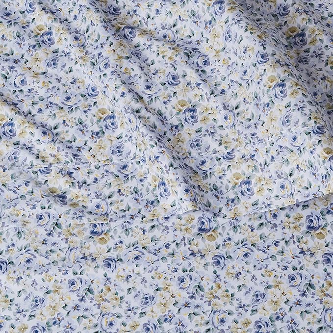 Amazon Basics Lightweight Super Soft Easy Care Microfiber 4 Piece Bed Sheet Set With 14-inch Deep Pockets, Full, Blue Floral,Printed