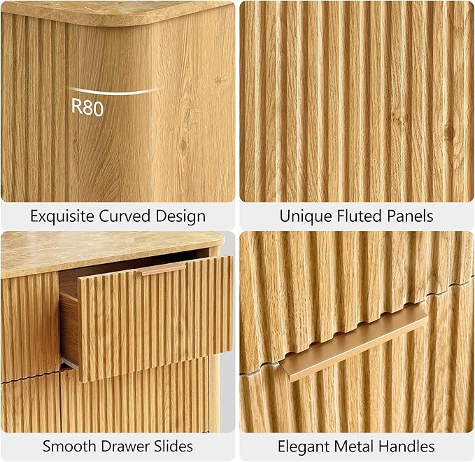 win2win 6 Drawer Dresser, Modern Dresser with Storage, 47" Wide Fluted Chest of Drawers with Faux Marble Top, Dressers TV Stand, Minimalist Drawers Organizer for Bedroom, Living Room, Hallway, Oak