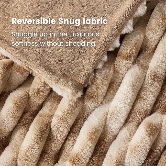 Cozy Bliss Faux Fur Throw Blanket for Couch, Cozy Warm Plush Striped Blanket for Sofa Bedroom Living Room, 108 * 90 Inches Tie-dye Khaki