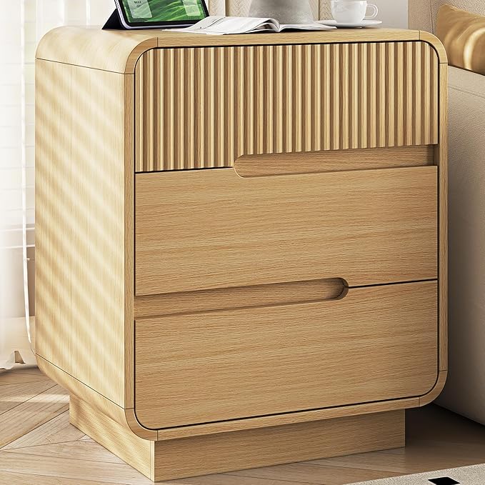 9 Drawer Dresser and 2 Nightstand Sets for Bedroom 3 Pcs Bedroom Set, Modern 57.9" Fluted Dresser with Invisible Handles Nightstand Charging Station, Bedroom Furniture Set for Living Room, Natural