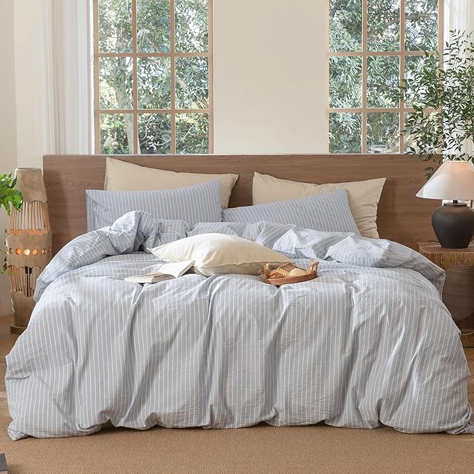 MooMee Striped Duvet Cover Set 100% Washed Cotton Linen Like Textured Breathable Durable Soft Comfy (Cornflower Blue White Wide Stripes, Super King Plus 120"x120")