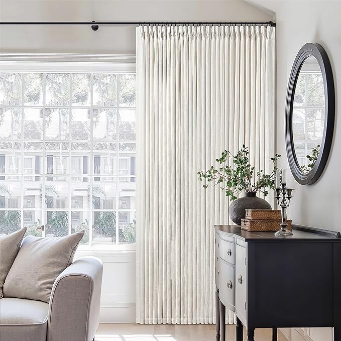 Extra Wide Pinch Pleat Linen Curtains 108 Inches Long for Living Room Sliding Glass Door 70 Inch Wide Semi Sheer Curtain Cream Ivory Boho Pleated Drape Hooks Rings 70x108 Large Window Curtain 1 Panel