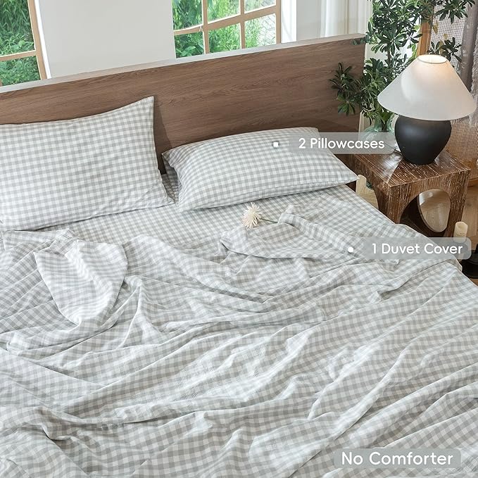 MooMee Gingham Duvet Cover Set 100% Washed Cotton Linen Like Textured Breathable Durable Soft Comfy Modern Checkered Design (Northern Droplet Grey Gingham, Palatial King/Oversized King 120"x98")