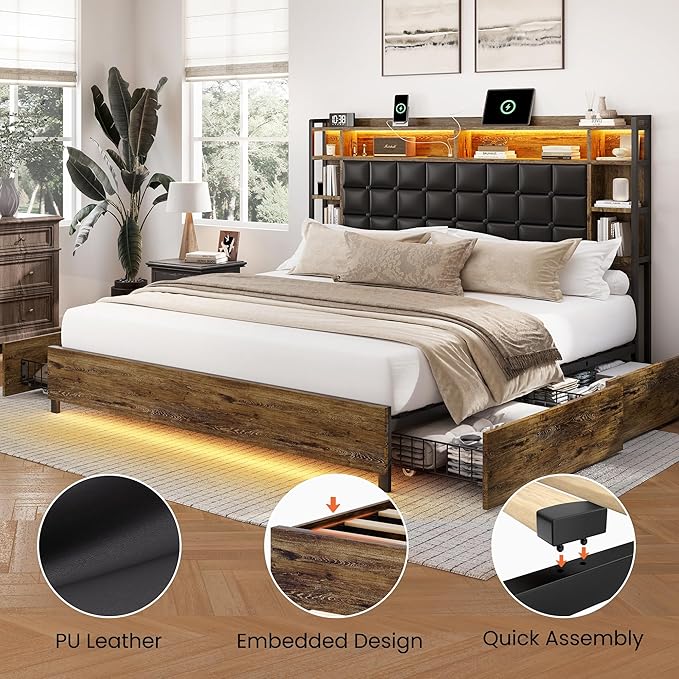 LARMACE King Size Bed Frame with 4 Storage Drawers and Bookcase Headboard, Faux Leather Upholstered, Wooden Platform Bed Frame with Charging Station and LED Lights, No Box Spring Needed, Brown