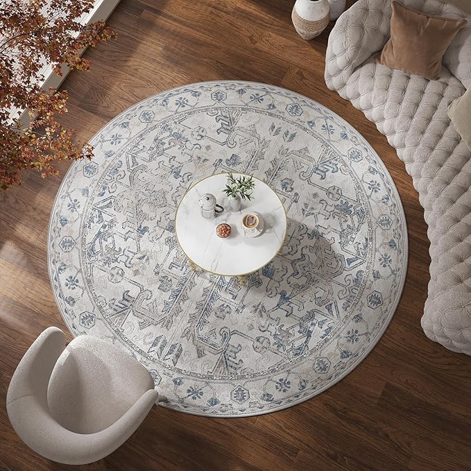 jinchan Lima Round Rug 8ft Vintage Machine Washable Area Rug Indoor Circle 8' Ultra-Thin Non-Slip Floral Print Carpet for Farmhouse Entryway Dining Room Living Room Bedroom Office (8'Round, Blue)
