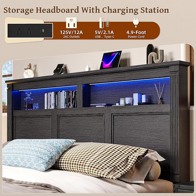 53" Tall King Bed Frame with Headboard and Storage, 2 Drawers and LED Built in Charging Station Bed Frame King Size with Farmhouse Roman Column Decoration,No Box Spring Needed (Black)