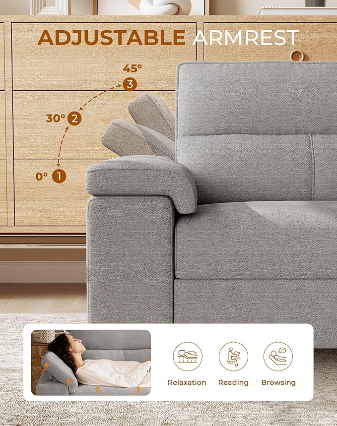 88.97" Modern Sofa Couches for Living Room, Deep Seat Sofas with 8”Cushion, Comfy 2-Seater Chenille Loveseat with Convertible Armrest, Removable Sofa Cover, High Leg(Light Gray)