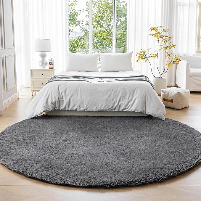 Amazon Basics Fluffy Washable Round Area Rug, Circle Shaggy Carpet for Living Room, Bedroom, Nursery, 5'R, Dark Gray