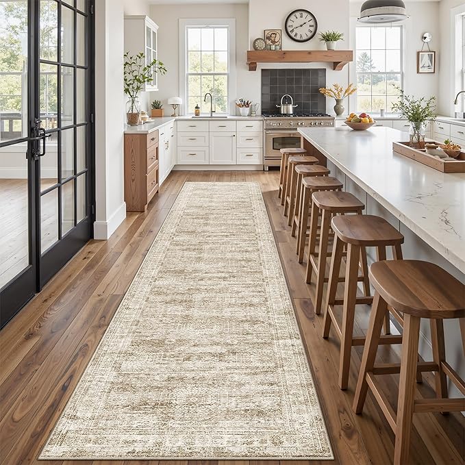Runner Rug 2'6" x 14' Washable Non-Slip Runner Rugs for Kitchen Bathroom Laundry Room Vintage Ultra Thin Runners for Hallway Entryway Brown