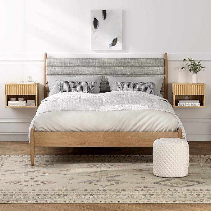 Small Floating Nightstand Set of 2, Modern Fluted Night Stand with Drawer and Open Storage Shelf Wall Mounted Bedside Tables Natural Oak