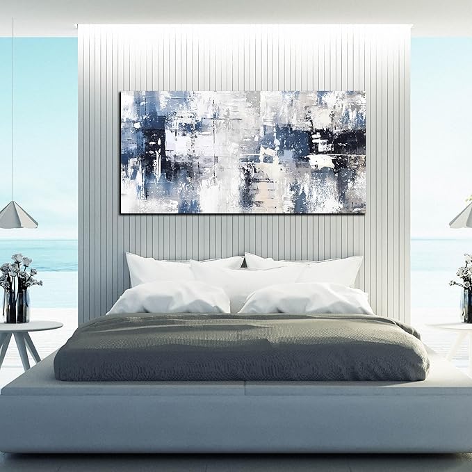 Prepeyssee White and Blue Abstract Canvas Wall Art for Living Room Bedroom Home Office Large Modern Grey Abstract Canvas Prints Picture Ready to Hang Size 24x48
