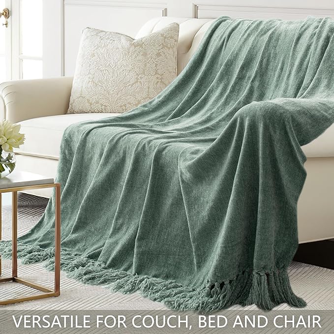 Chenille Throw Blanket for Couch 60"X 80" Twin, Soft Cozy Throws with Fringe Tassel for Bed Sofa Chair Cover, Lightweight Knitted Decorative Boho Blankets for Living Room, Sage Green